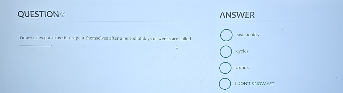  QUESTION (i) ANSWER Time-series patterns that repeat themselves after a period