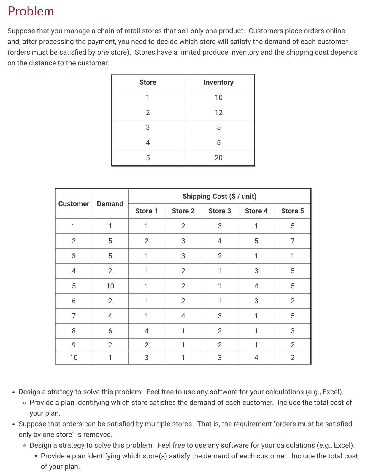  Solve using linear equations or/and linear programing State decision variables, restrains