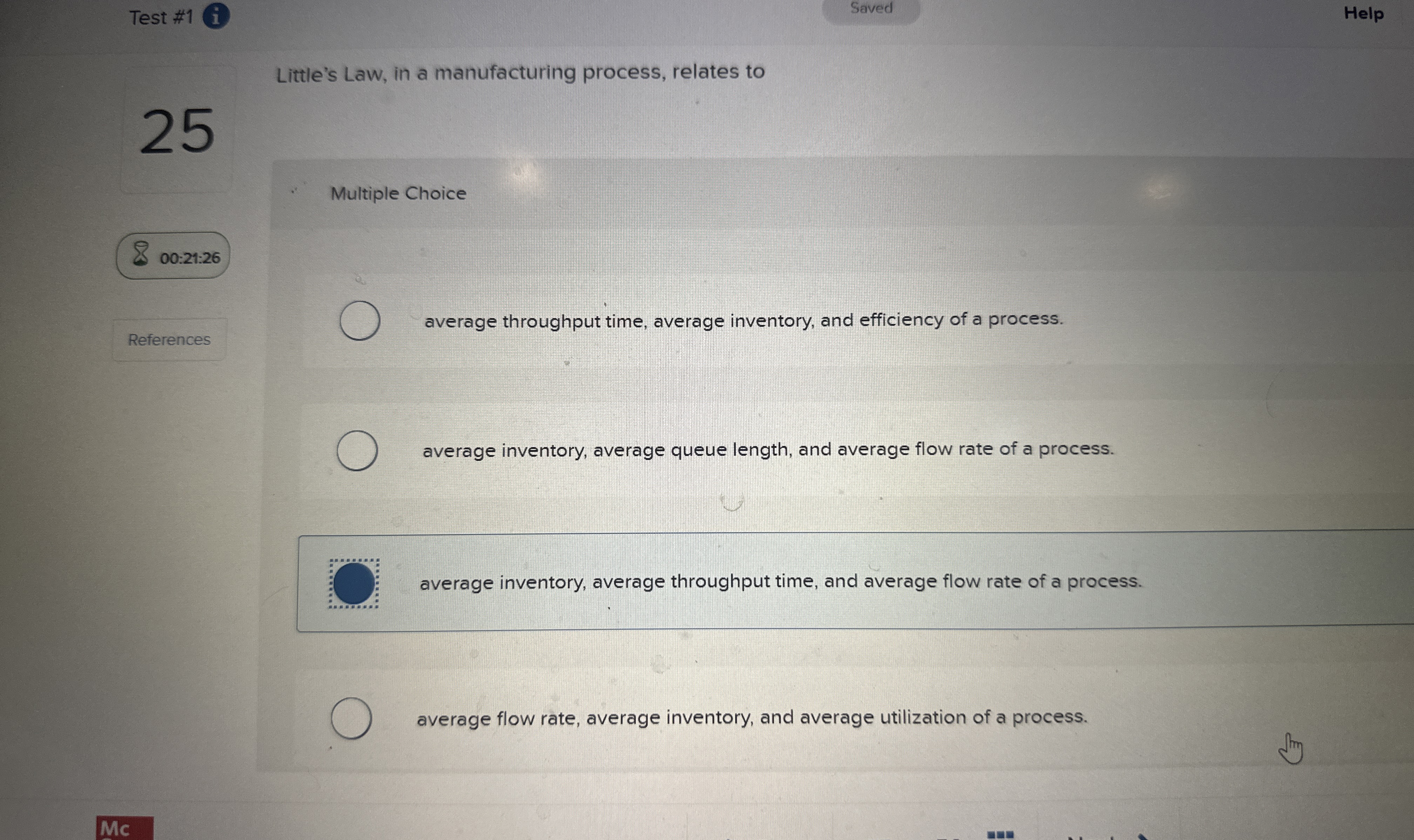  Test #1i Saved Help Little's Law, in a manufacturing process, relates