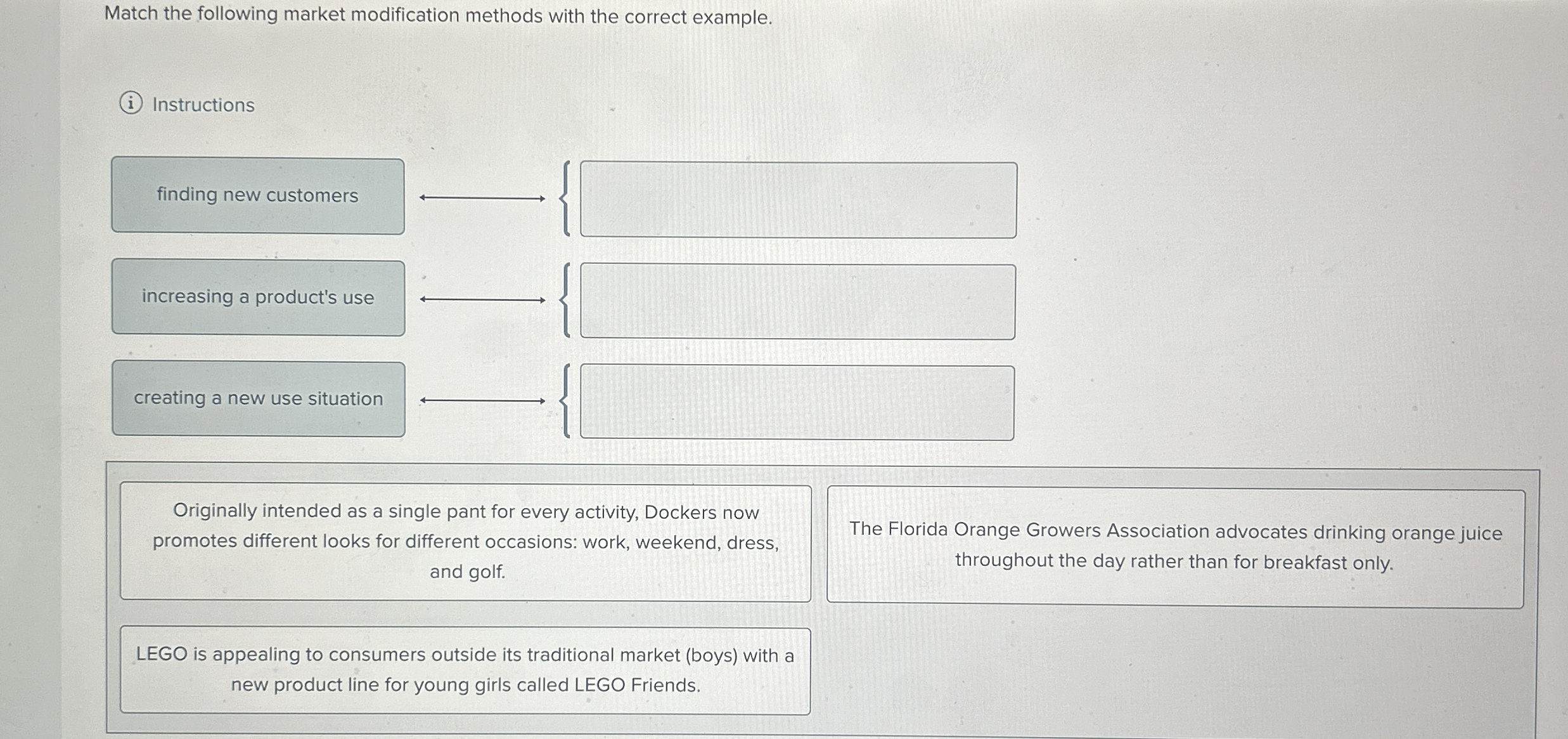  Match the following market modification methods with the correct example. Instructions