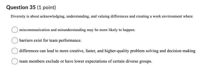  Question 35(1 point) Diversity is about acknowledging, understanding, and valuing differences
