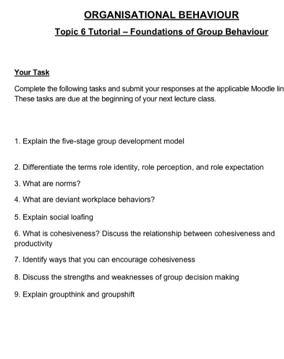  Topic 6 Tutorial - Foundations of Group Behaviour Your Task Complete