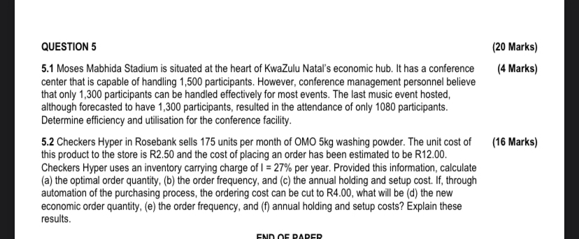  QUESTION 5 (20 Marks) 5.1 Moses Mabhida Stadium is situated at