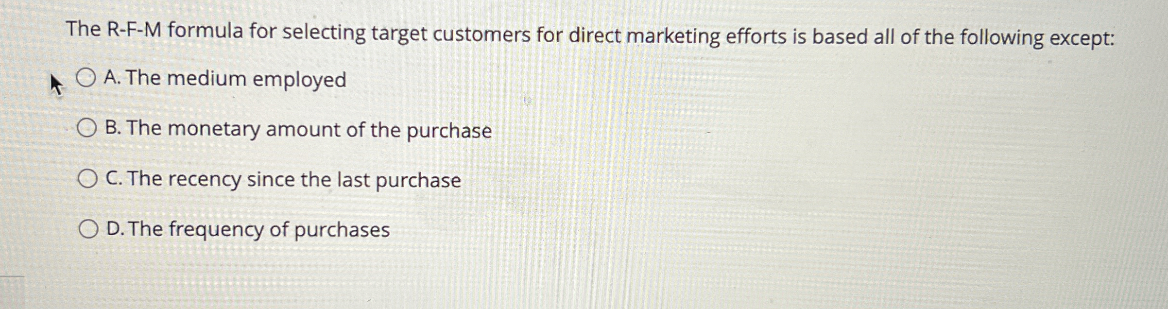  The R-F-M formula for selecting target customers for direct marketing efforts
