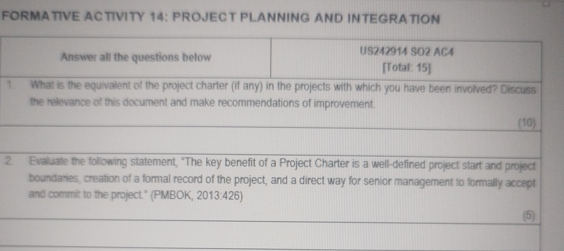 FORMATIVE ACTIVITY 14: PROJECT PLANNING AND INTEGRATION Answer all the questions