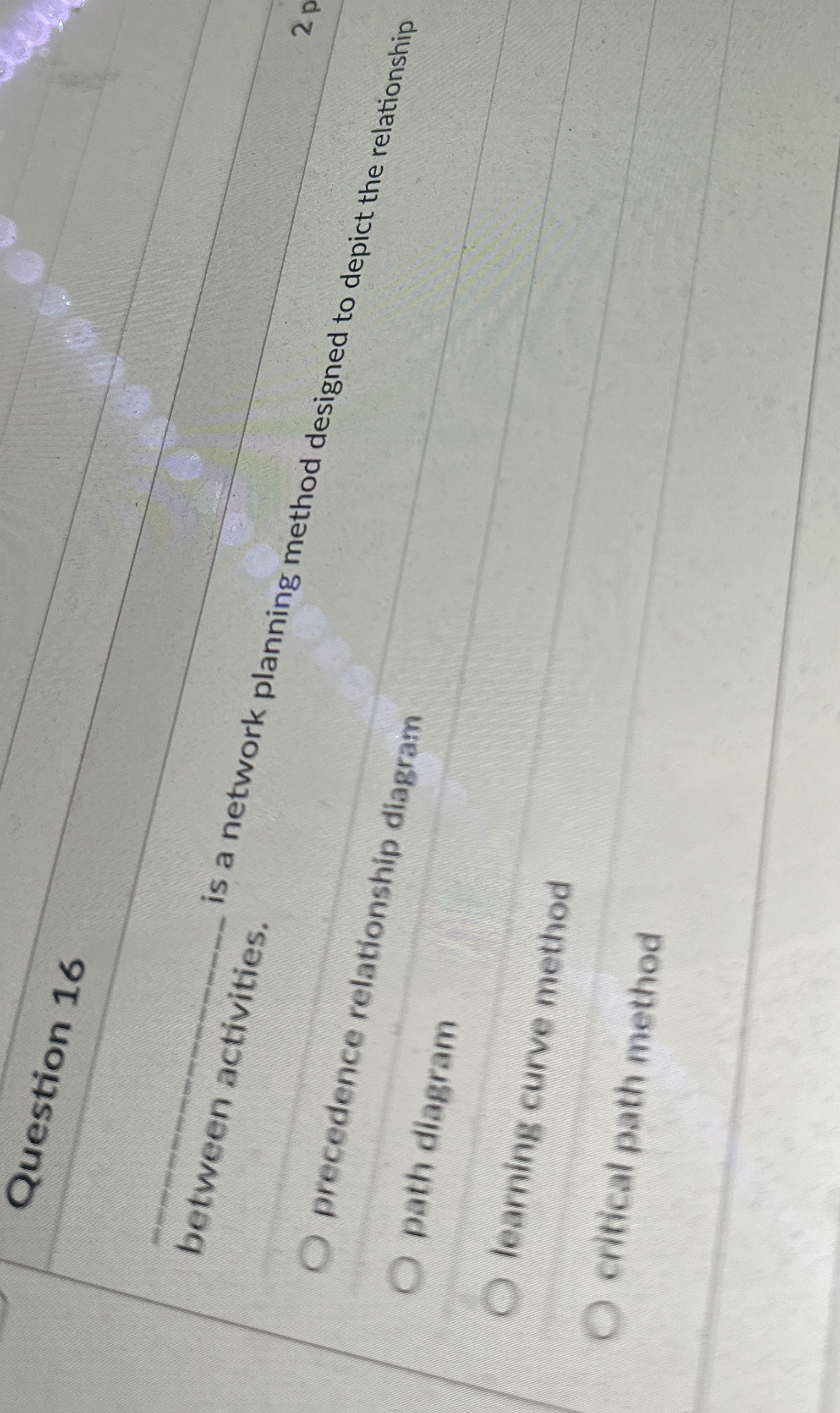  Question 16 between activities. is a network planning method designed to