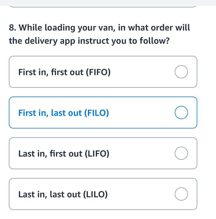  While loading your van, in what order will the delivery app