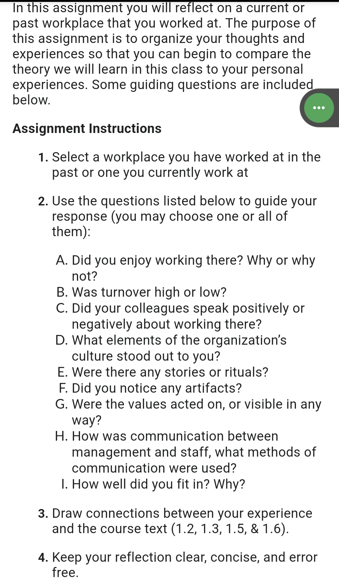  In this assignment you will reflect on a current or past