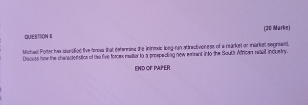  QUESTION 6 (20 Marks) Michael Porter has identified five forces that