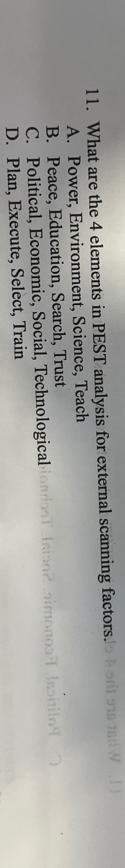  What are the 4 elements in PEST analysis for external scanning