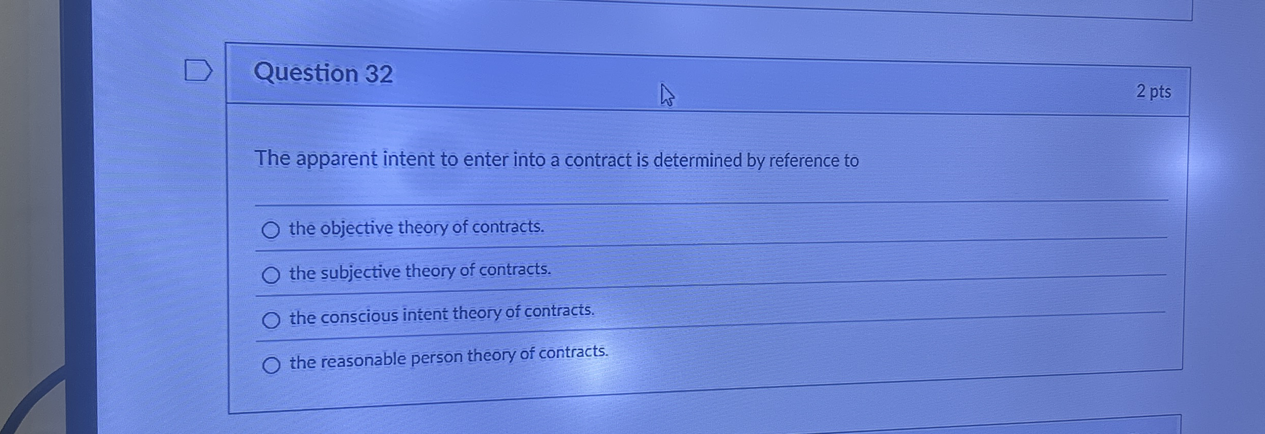  Question 32 2 pts The apparent intent to enter into a