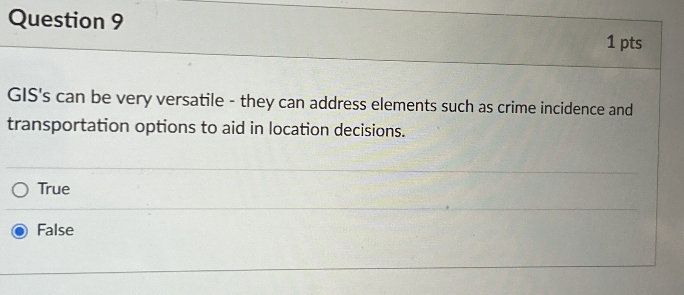  Question 9 1 pts GIS's can be very versatile - they