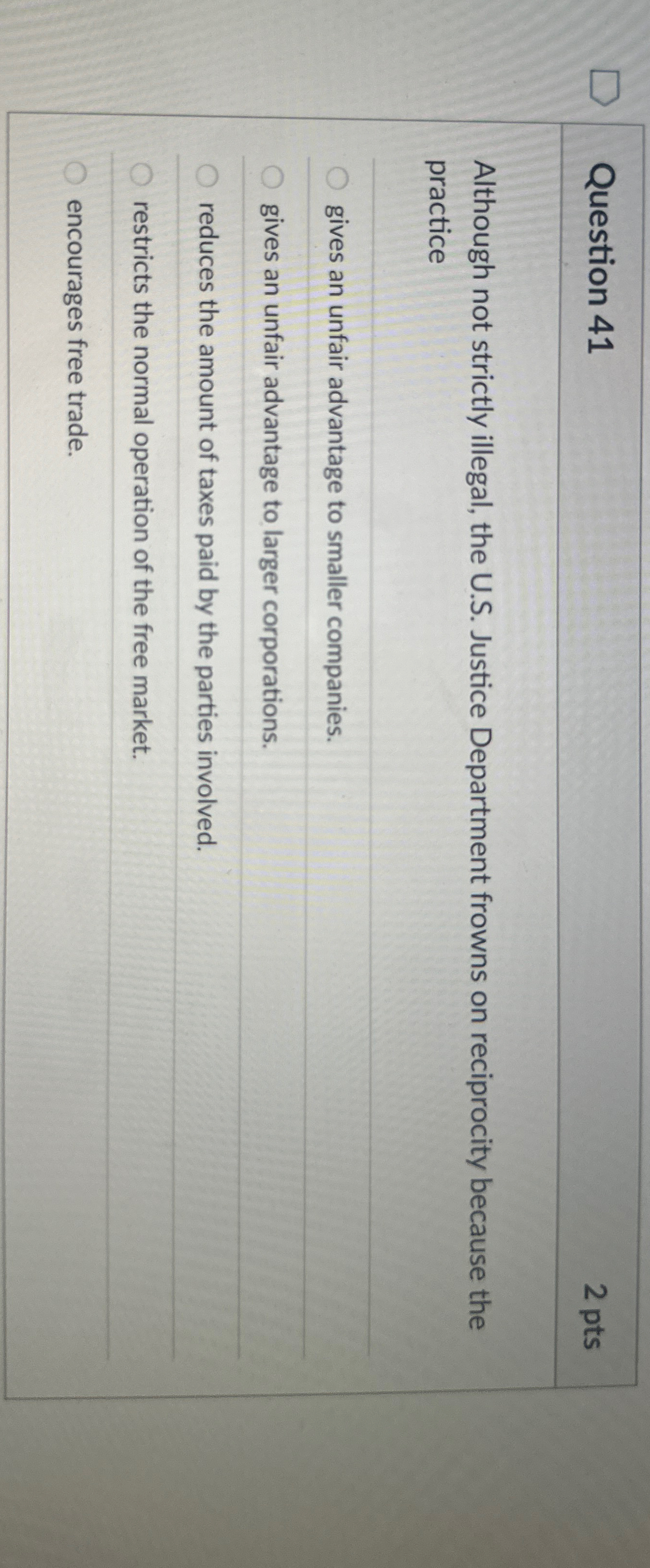  Question 41 Although not strictly illegal, the U.S. Justice Department frowns