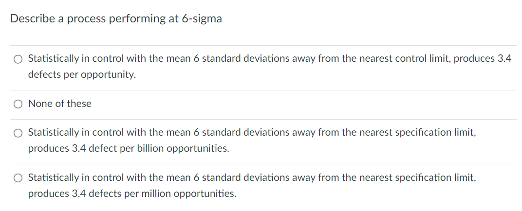 Describe a process performing at 6-sigma Statistically in control with the