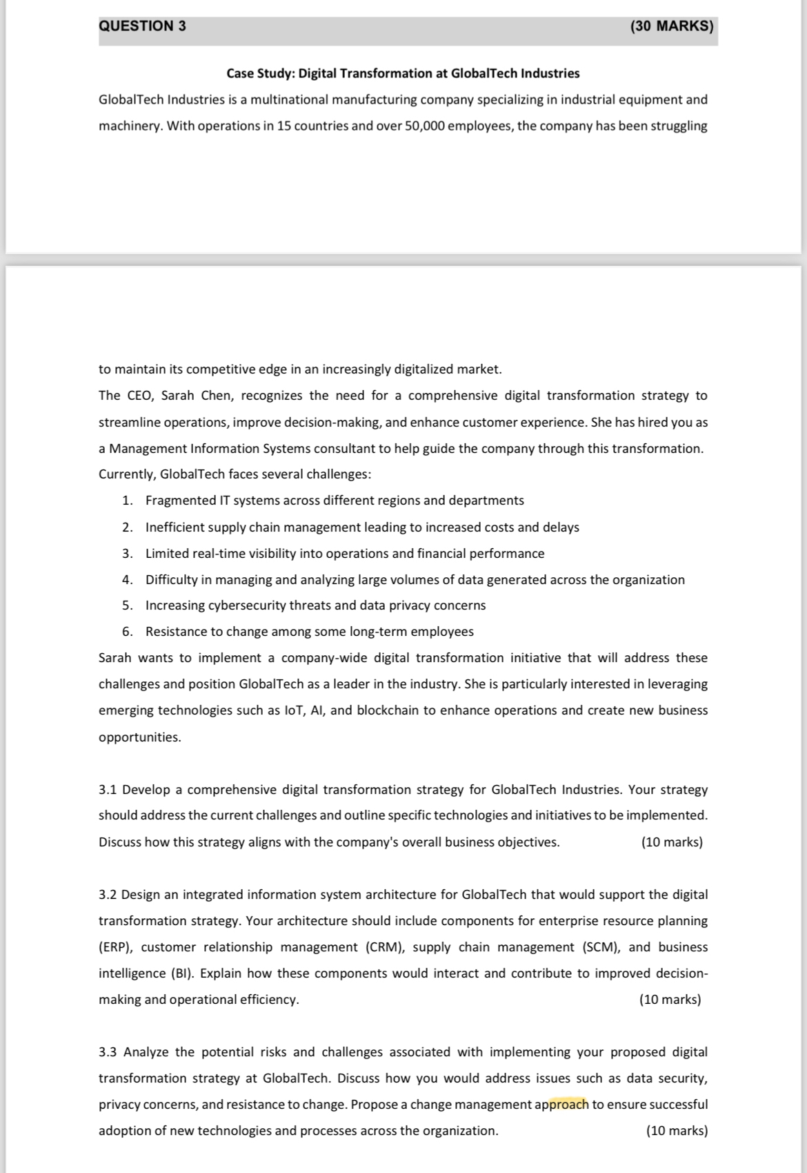  Case Study: Digital Transformation at GlobalTech Industries GlobalTech Industries is a