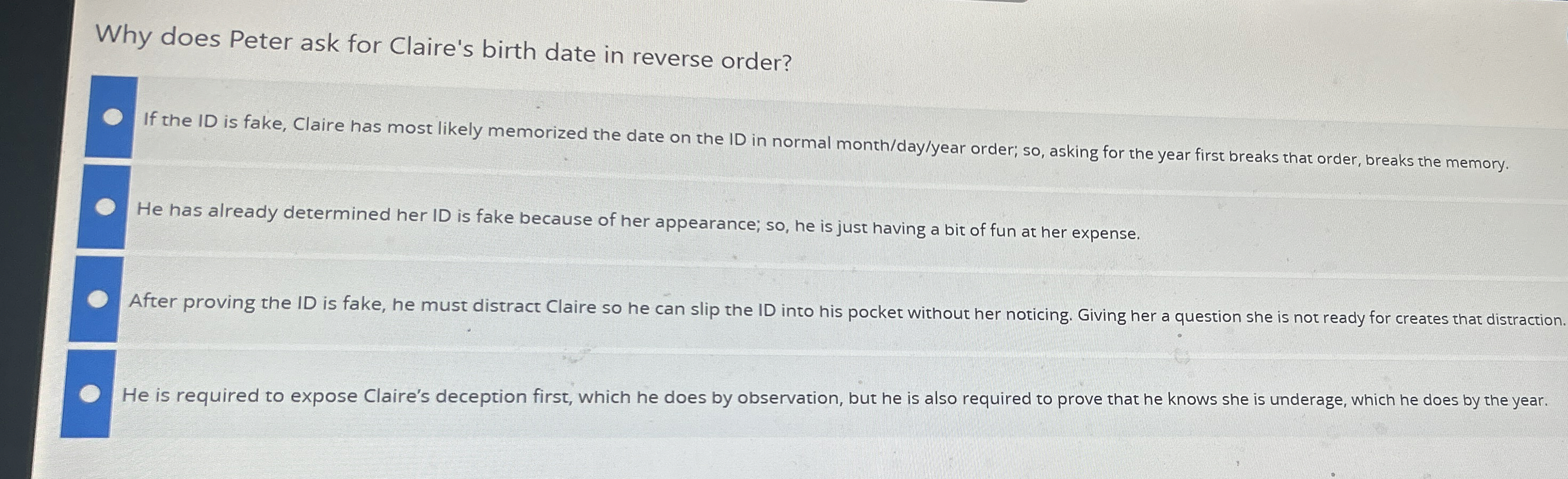  Why does Peter ask for Claire's birth date in reverse order?