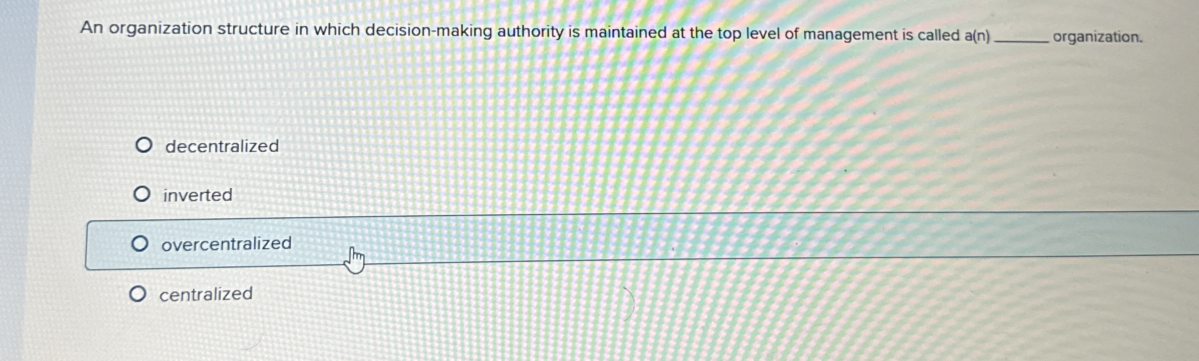  An organization structure in which decision-making authority is maintained at the