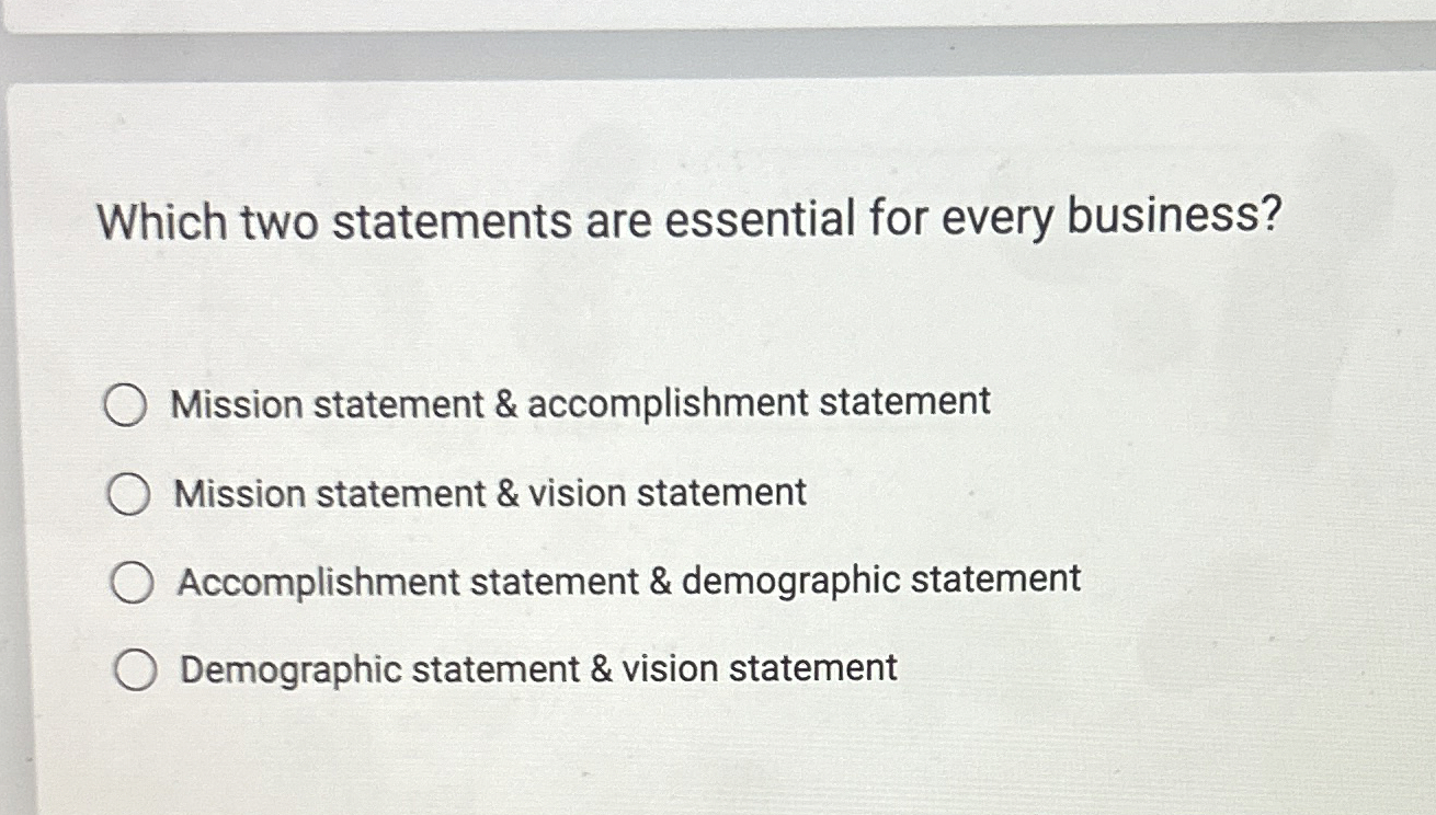 Which two statements are essential for every business? Mission statement &