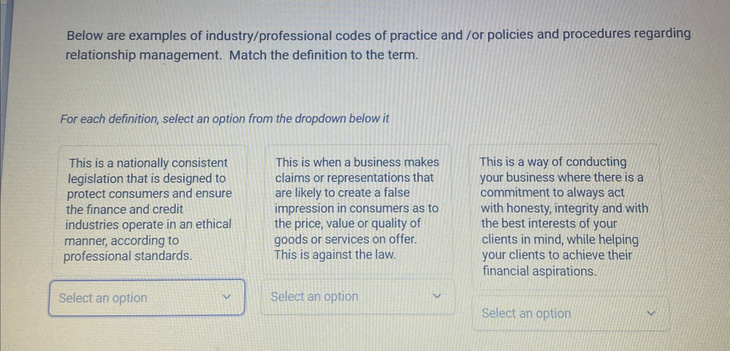  Below are examples of industry/professional codes of practice and /or policies