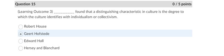  Question 15 (Learning Outcome 3) found that a distinguishing characteristic in