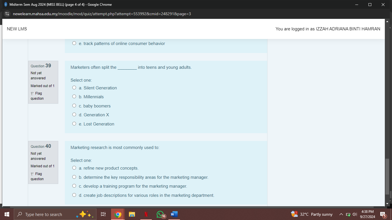  Marketers often split the into teens and young adults. Select one: