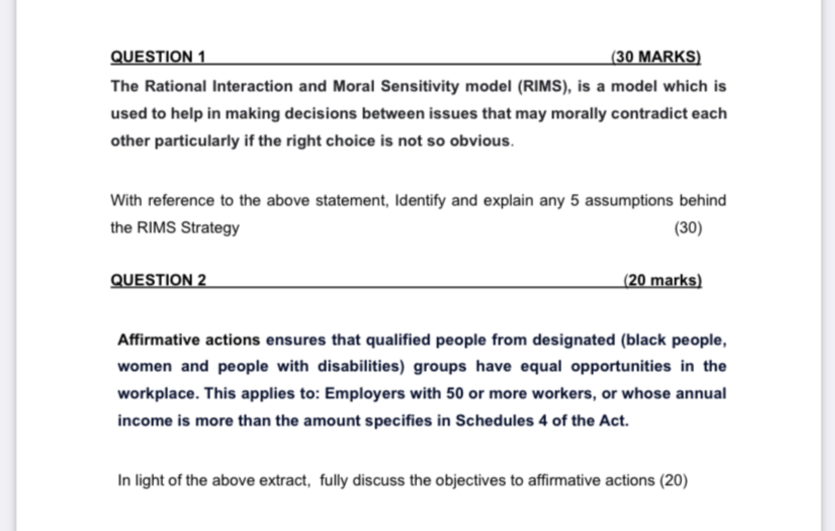  QUESTION 1 (30 MARKS) The Rational Interaction and Moral Sensitivity model