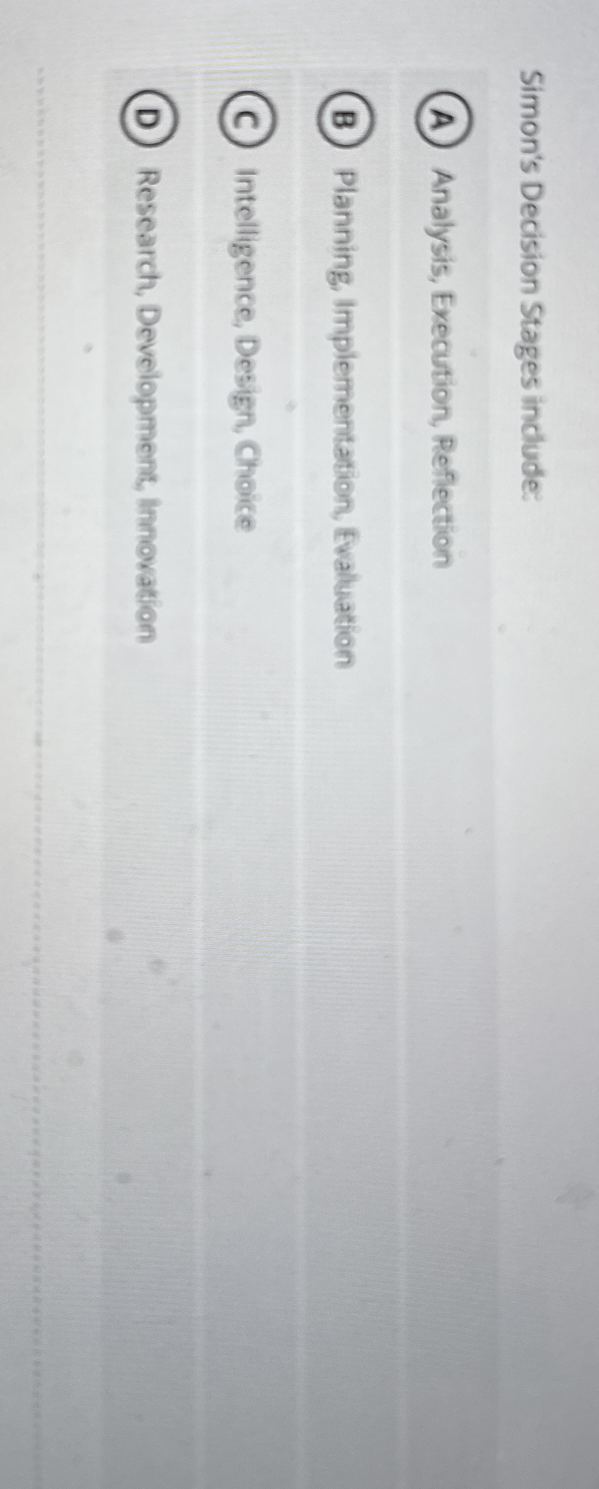  Simon's Decision Stages include: Analysis, Execution, Reflection Planning, Implementation, Evaluation Intelligence,