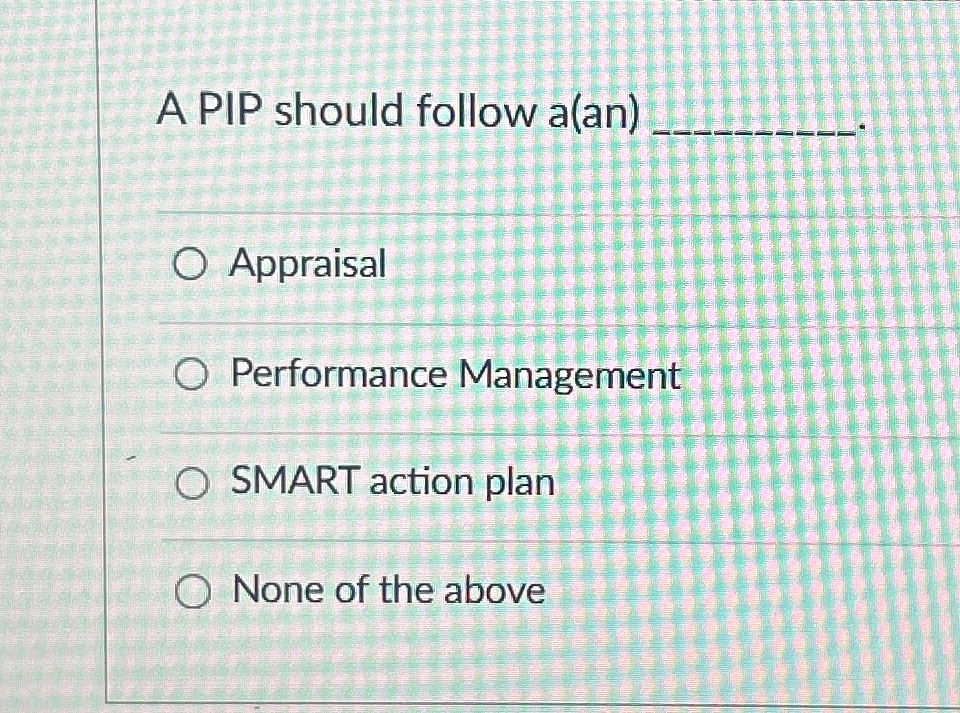  A PIP should follow a(an) Appraisal Performance Management SMART action plan