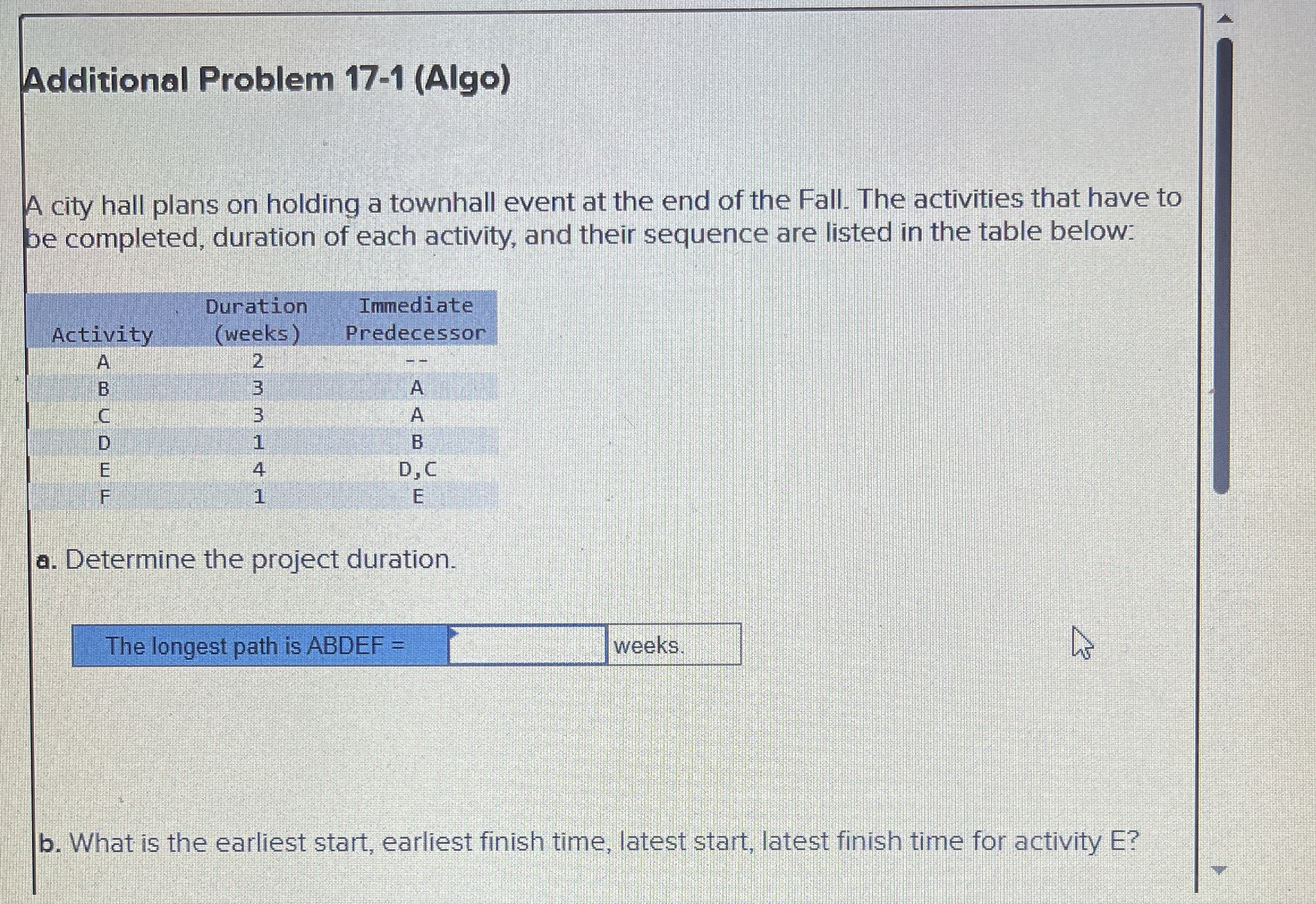  Additional Problem 17-1(Algo) A city hall plans on holding a townhall