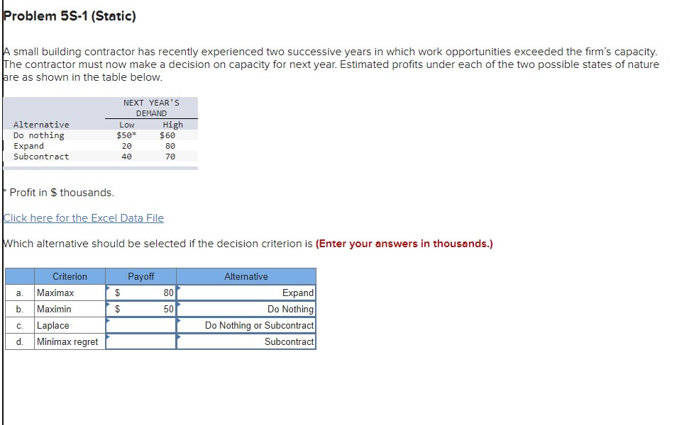  Problem 5S-1(Static) A small building contractor has recently experienced two successive