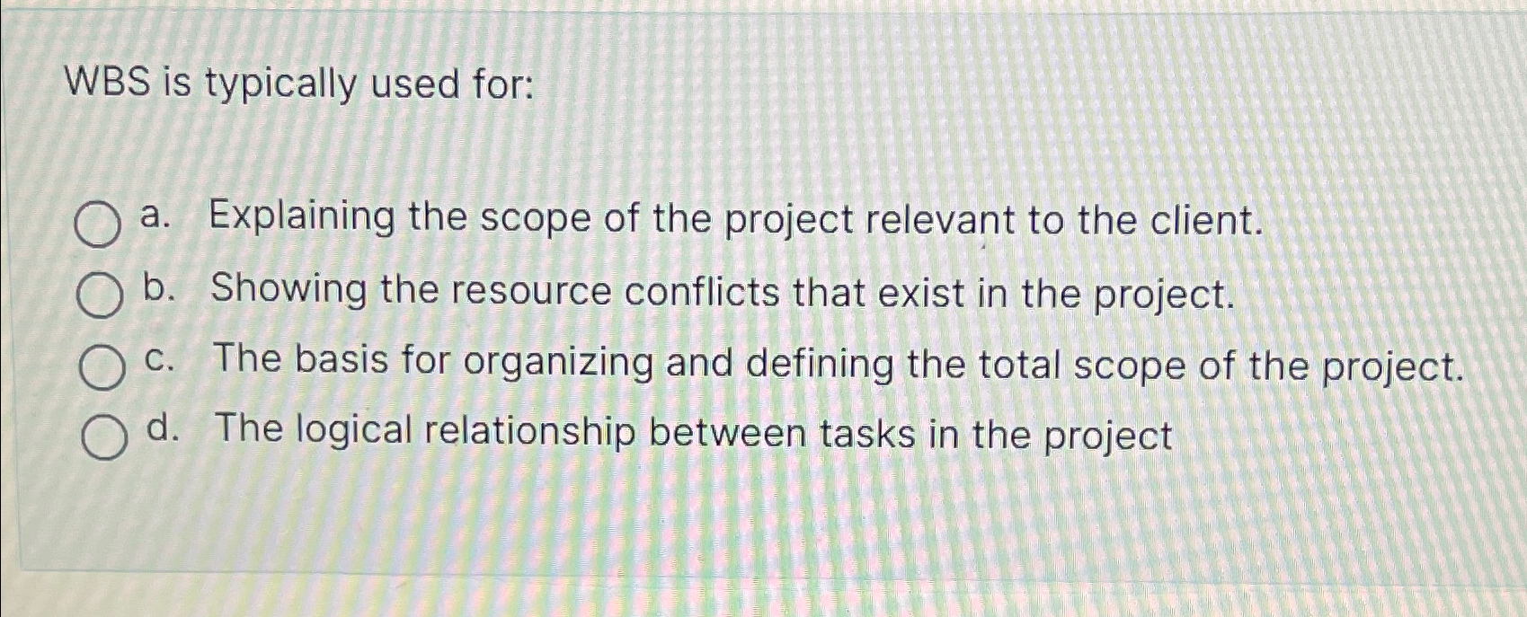  WBS is typically used for: a. Explaining the scope of the