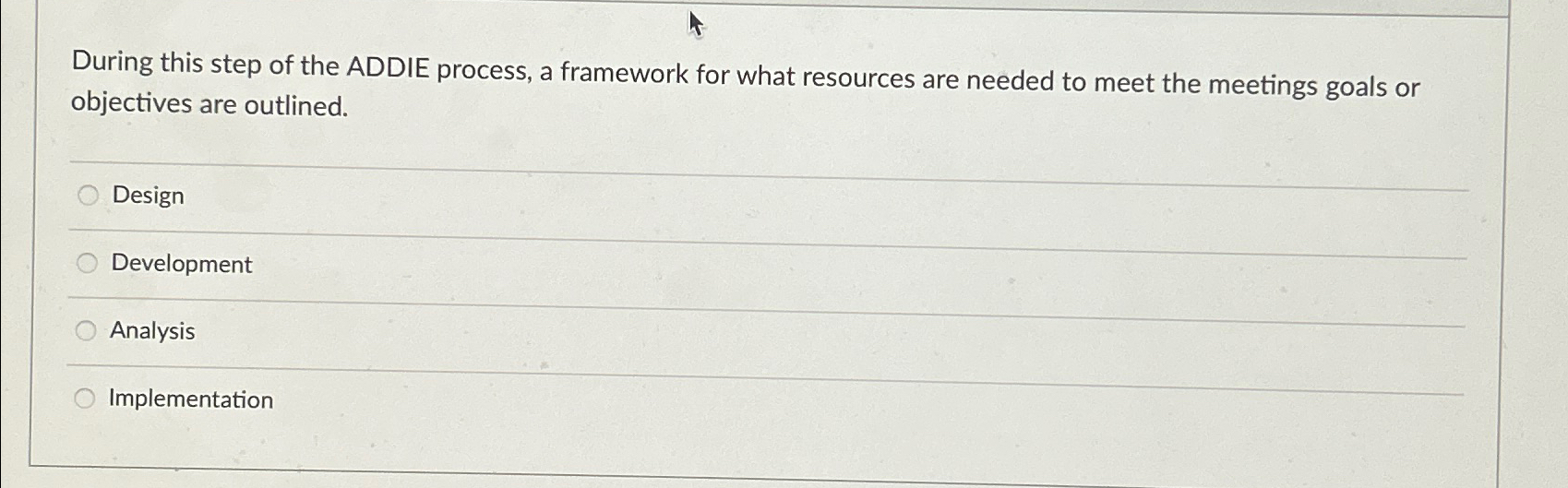  During this step of the ADDIE process, a framework for what