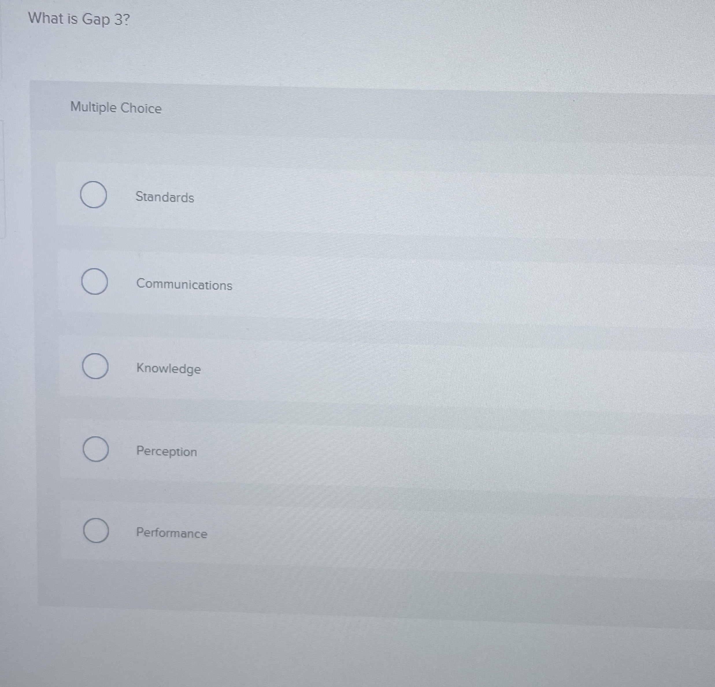 What is Gap 3? Multiple Choice Standards Communications Knowledge Perception Performance