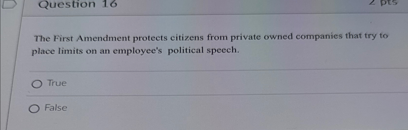  Question 16 The First Amendment protects citizens from private owned companies