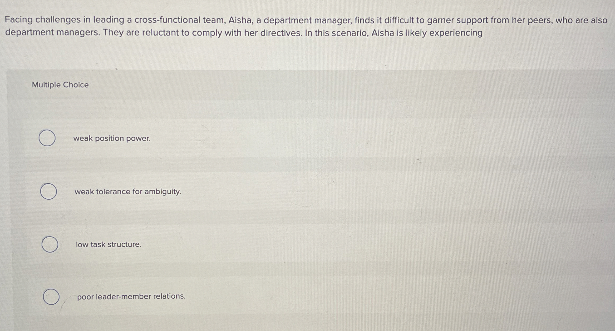  Facing challenges in leading a cross-functional team, Aisha, a department manager,