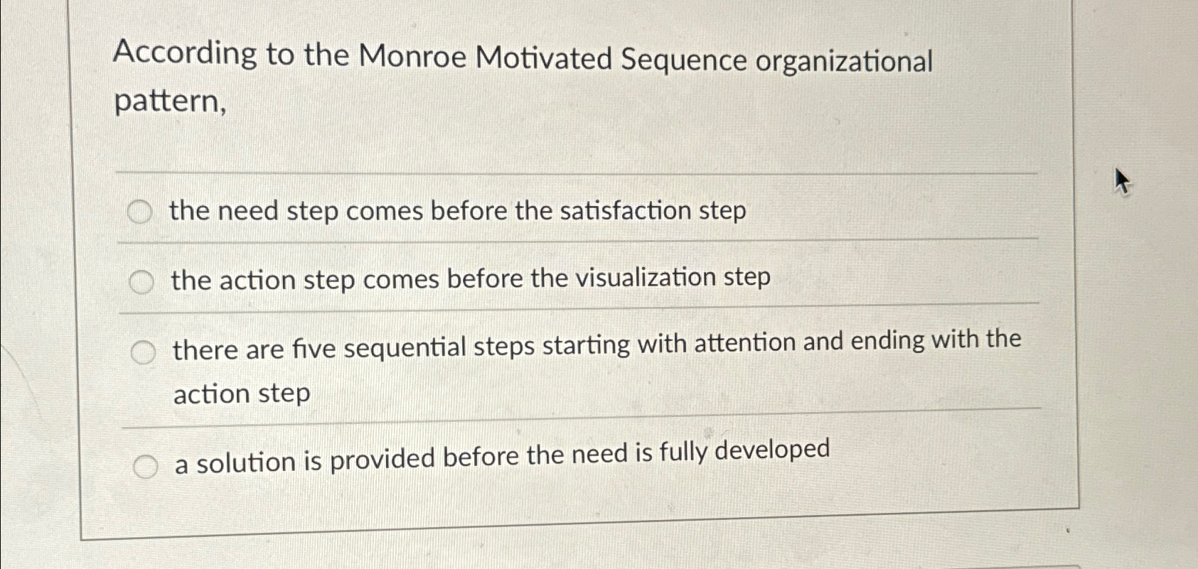  According to the Monroe Motivated Sequence organizational pattern, the need step