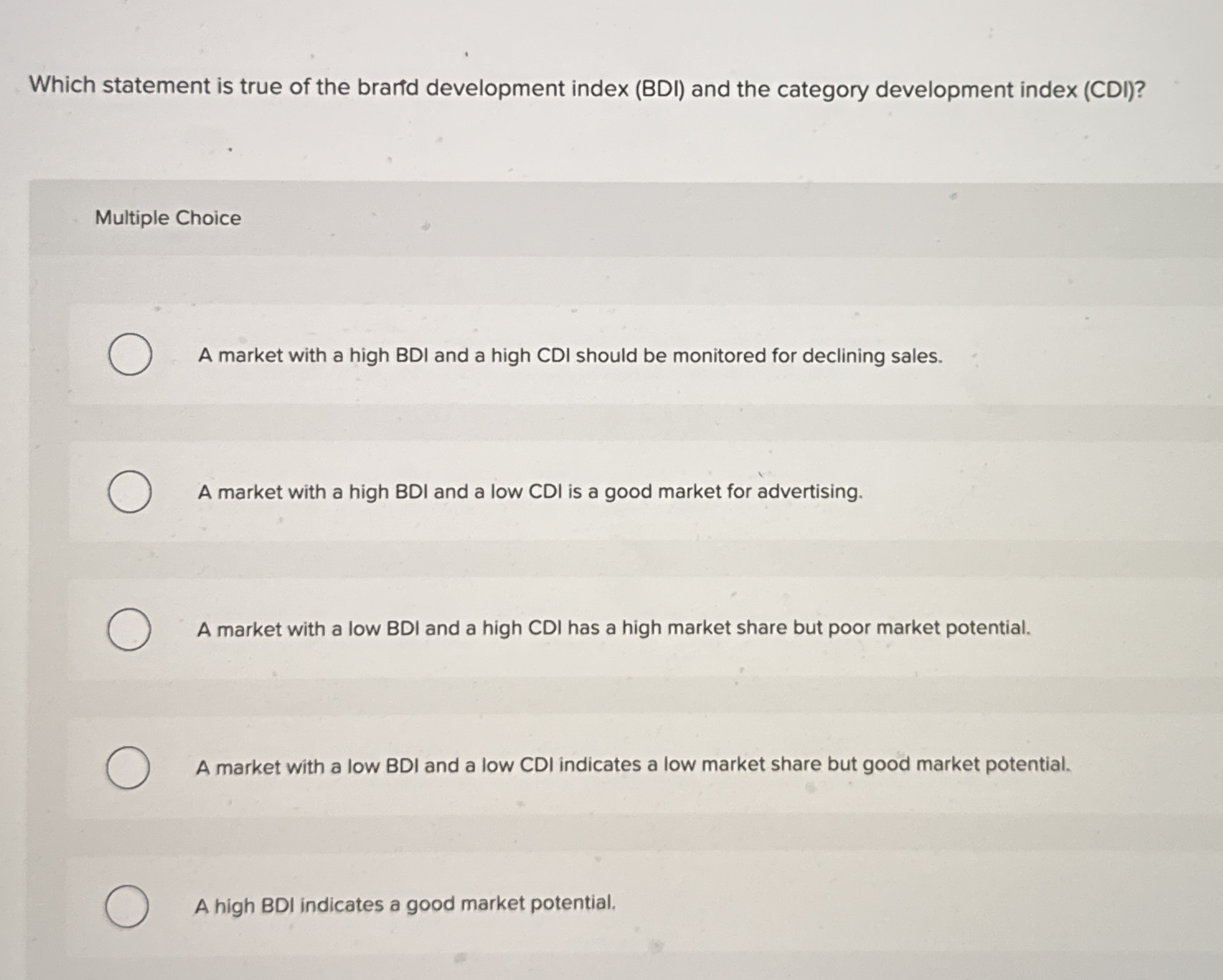  Which statement is true of the brartd development index (BDI) and