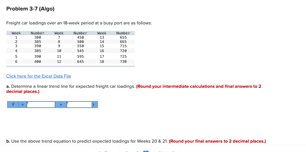  Problem 3-7(Algo) Freight car loadings over an 18-week period at a