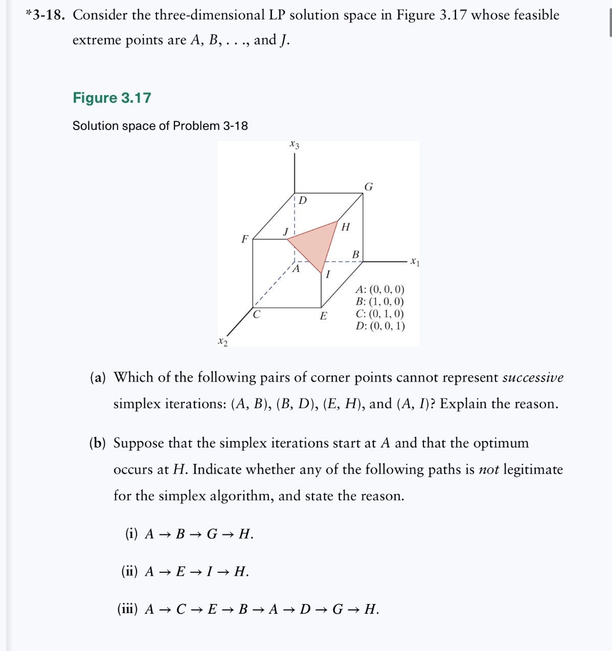  *3-18. Consider the three-dimensional LP solution space in Figure 3.17 whose