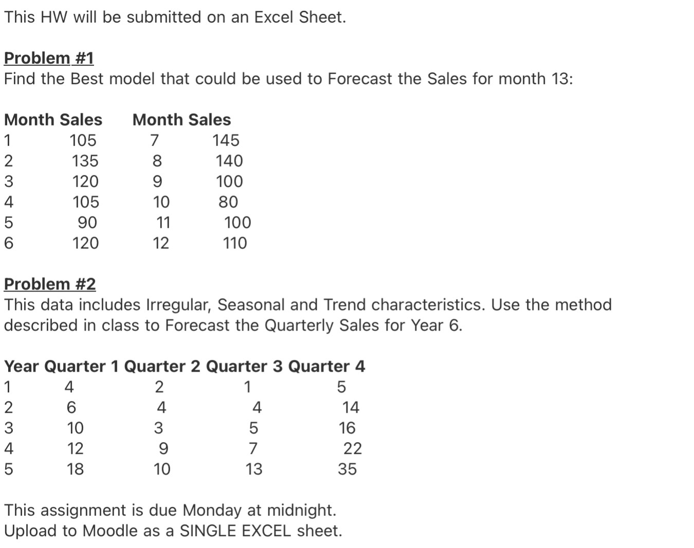  This HW will be submitted on an Excel Sheet. Problem #1