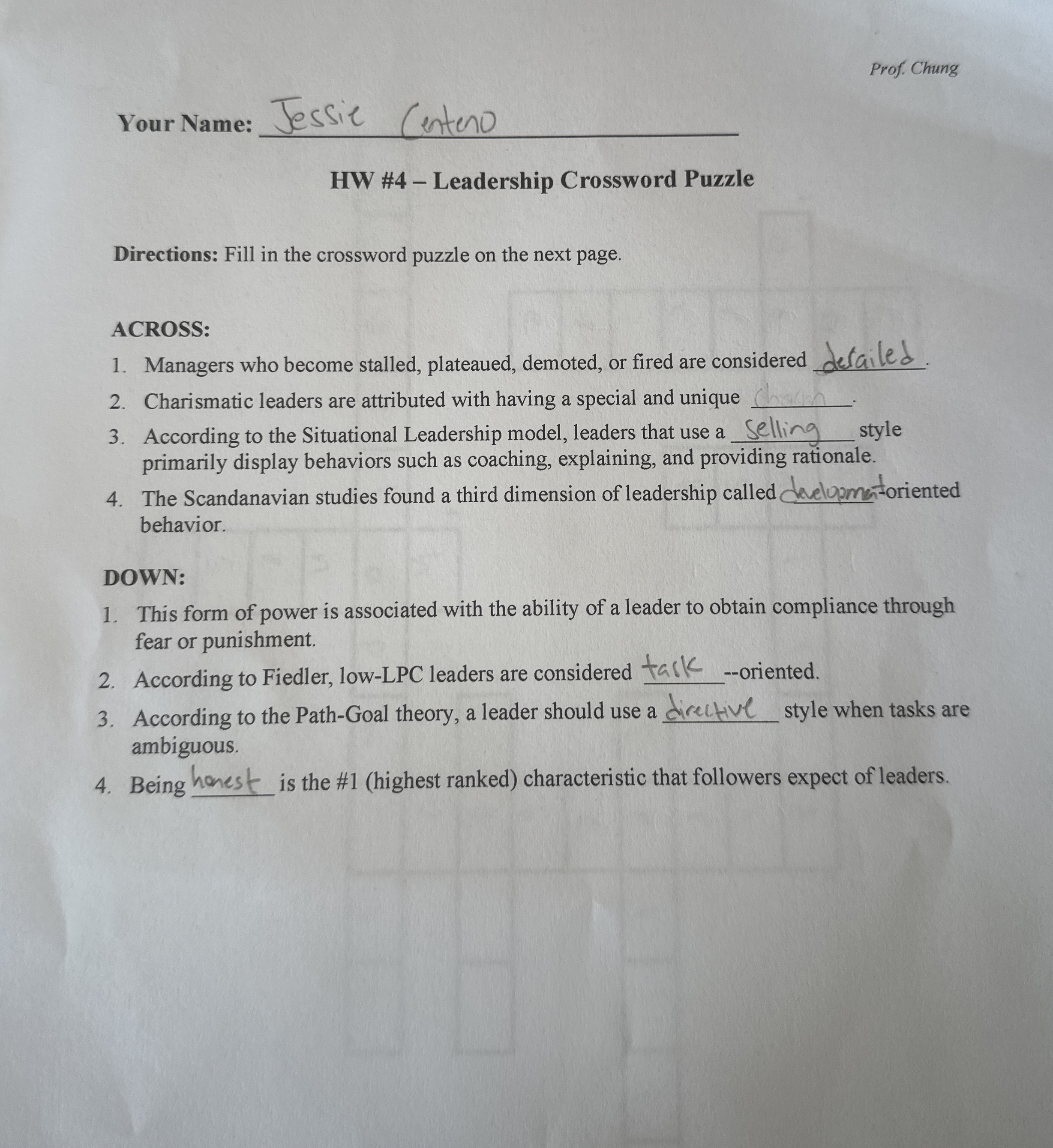  Prof. Chung Your Name: q, q, HW #4- Leadership Crossword Puzzle