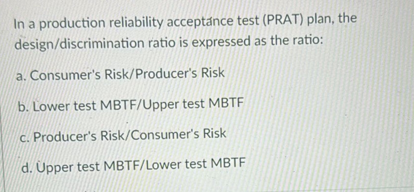  In a production reliability acceptance test (PRAT) plan, the design/discrimination ratio