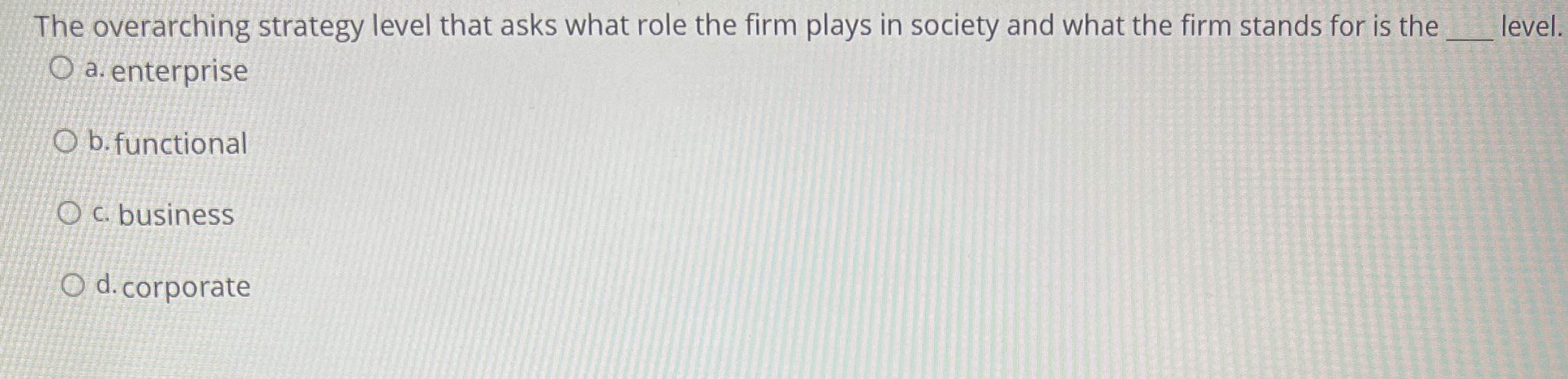  The overarching strategy level that asks what role the firm plays
