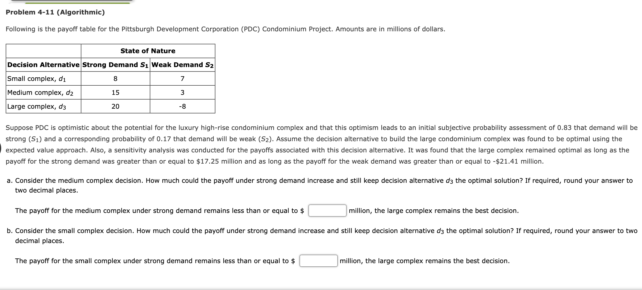  Problem 4-11(Algorithmic) Following is the payoff table for the Pittsburgh Development