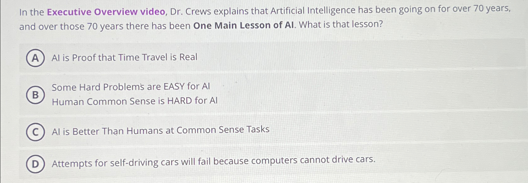  In the Executive Overview video, Dr. Crews explains that Artificial Intelligence