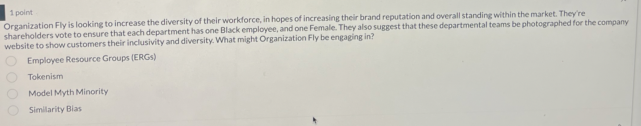  1 point Organization Fly is looking to increase the diversity of