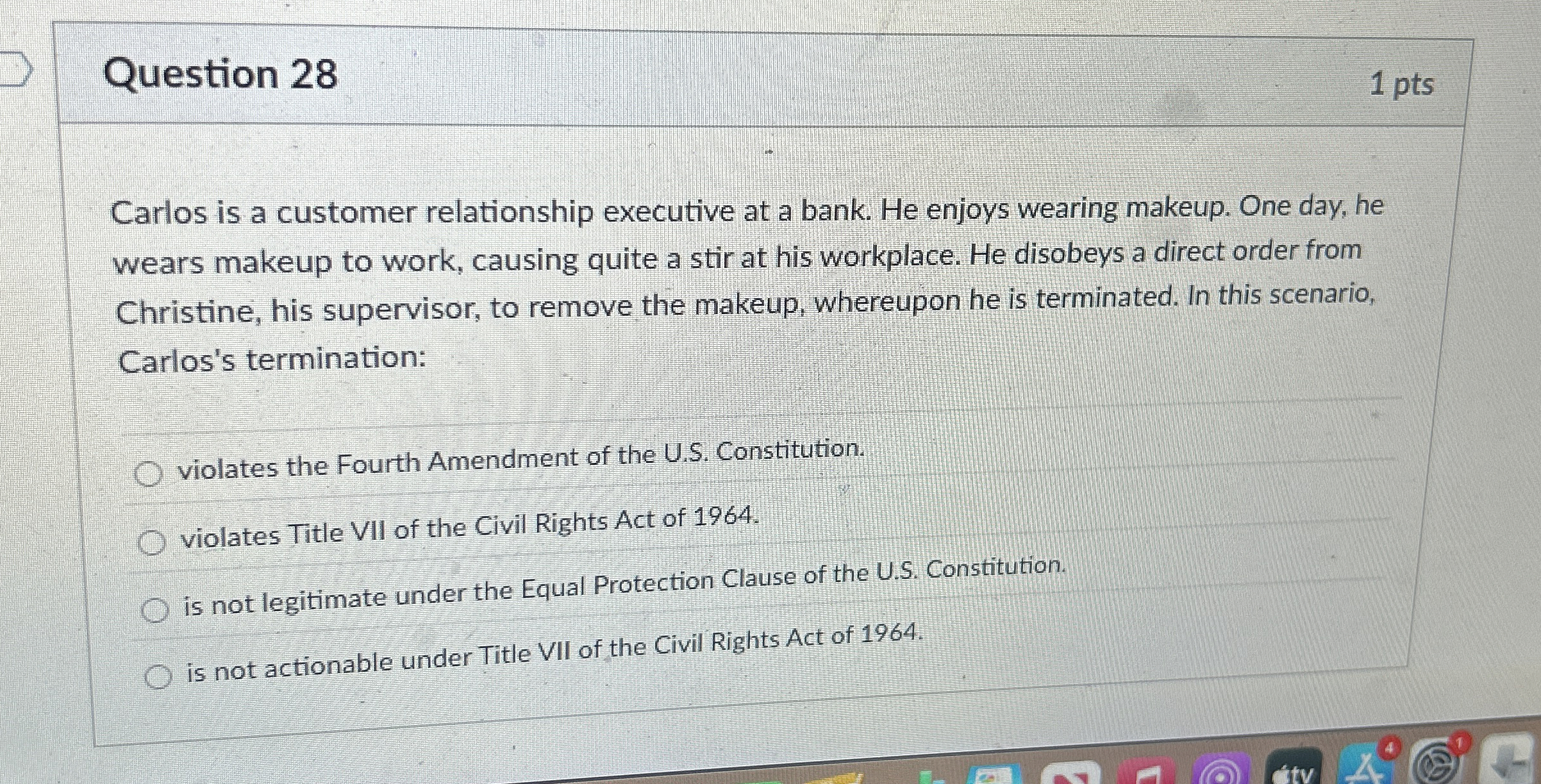  Question 28 1 pts Carlos is a customer relationship executive at