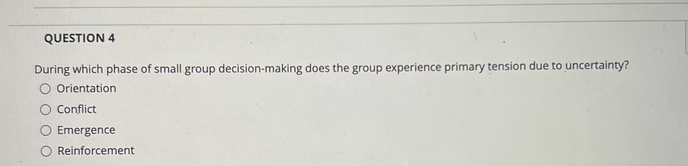  QUESTION 4 During which phase of small group decision-making does the