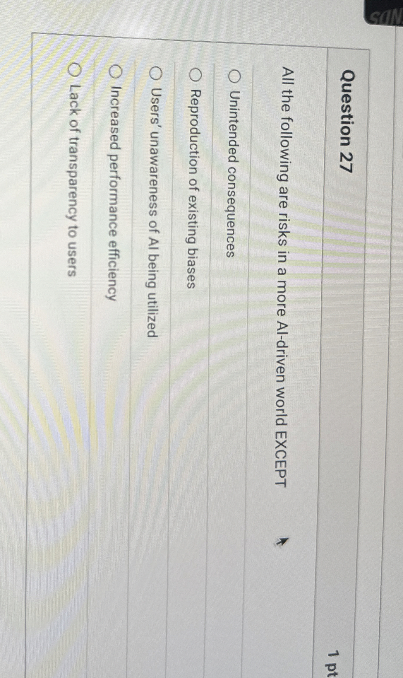  Question 27 All the following are risks in a more Al-driven