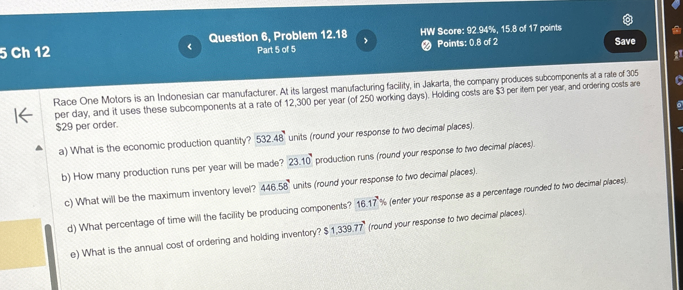 Question 6, Problem 12.18 HW Score: 92.94%,15.8 of 17 points Part